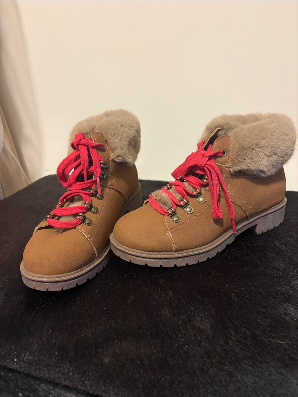 Time and Tru Tan Faux-Fur Collar Lace-Up Boots with Red Laces